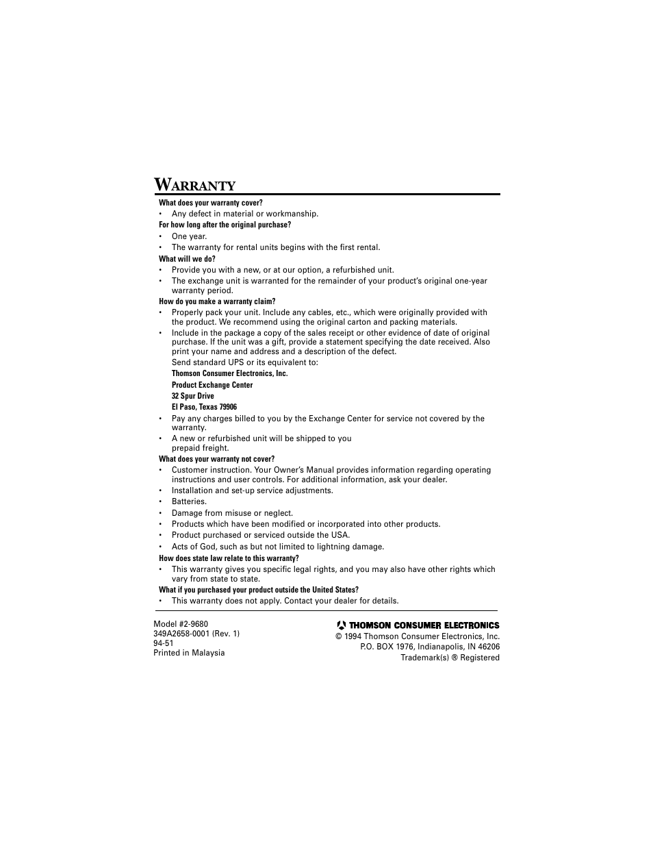 Warranty, Arranty | RCA 2-9680 User Manual | Page 18 / 18