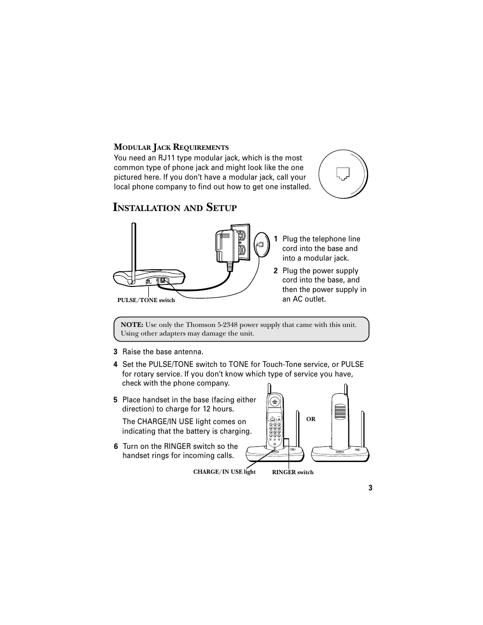 Installation and setup, Modular jack requirements, Nstallation | Etup | RCA 2-9680 User Manual | Page 5 / 18