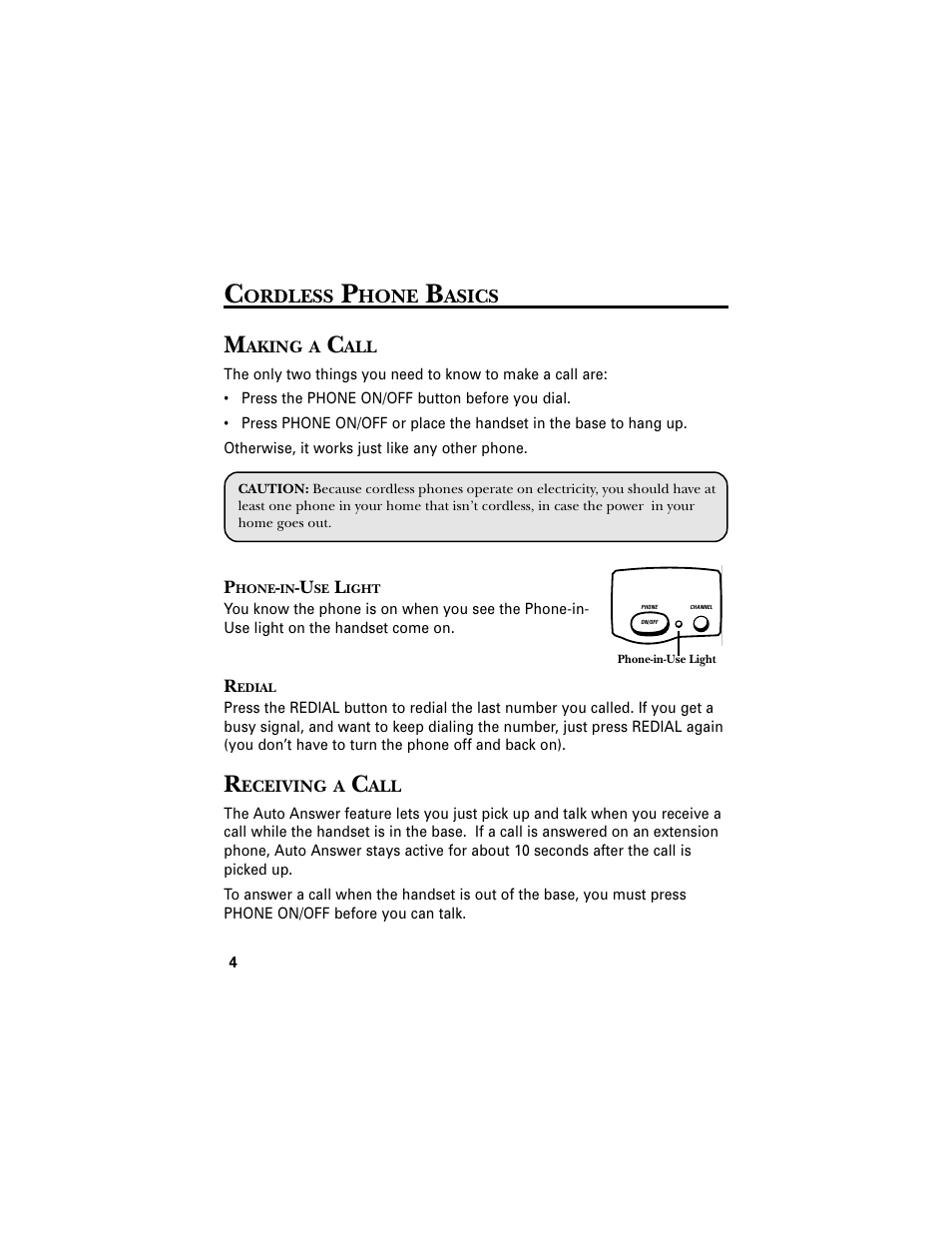 Cordless phone basics, Making a call, Phone-in-use light | Redial, Receiving a call | RCA 2-9680 User Manual | Page 6 / 18