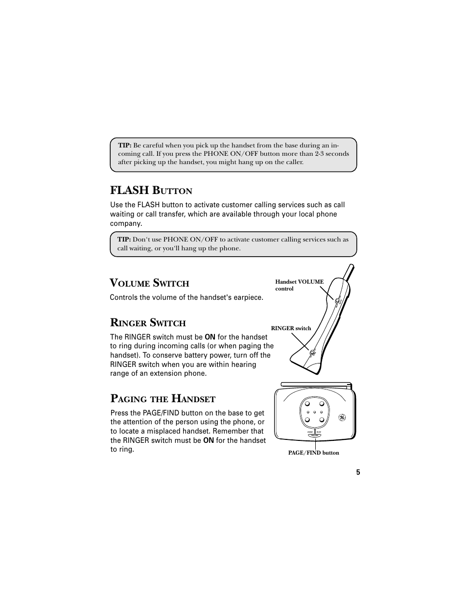 Volume switch, Ringer switch, Flash button | Paging the handset, Flash b | RCA 2-9680 User Manual | Page 7 / 18