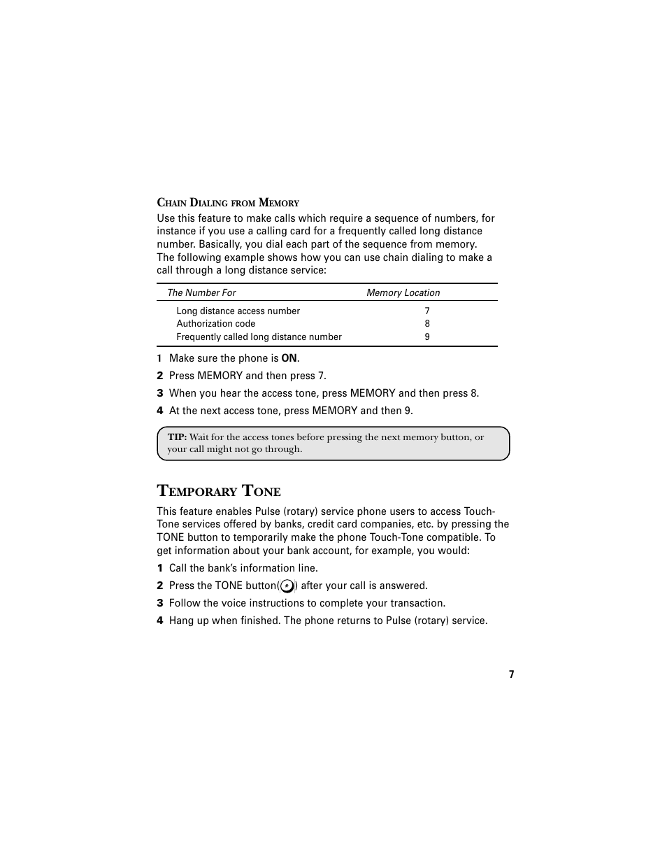 Chain dialing from memory, Temporary tone | RCA 2-9680 User Manual | Page 9 / 18