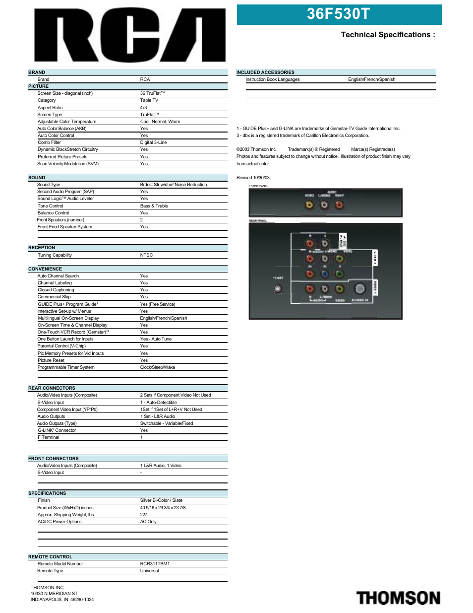 Technical specifications | RCA TruFlat 36F530T User Manual | Page 2 / 2