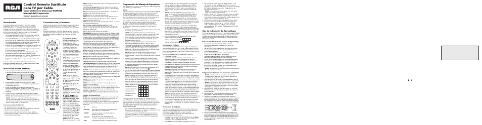 Control remoto sustituto para tv por cable, Introducción, Instalación de las baterías | Características y funciones, Programación del manejo de dispositivos, Uso de la función de aprendizaje, Owner’s manual (see reverse), Cuadro de dispositivos, Configuración de unidades de combinación, Búsqueda de códigos | RCA RCRP05B User Manual | Page 3 / 4