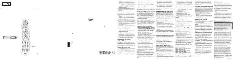 Modificación del bloqueo de volumen, Programación del bloqueo de control de canales, Reasignación de las teclas de dispositivo | Programación de las teclas macro, Eliminación de programas personales, Resolución de problemas, Aviso de la fcc, Eliminación de una función aprendida, Desbloqueo del control de canales, Uso de la tecla master power | RCA RCRP05B User Manual | Page 4 / 4