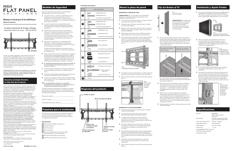 Medidas de seguridad, Prepárese para la instalación, Diagrama del producto | Especificaciones, Montaje en pared para tv de lcd/plasma | RCA MAF80BK User Manual | Page 2 / 2