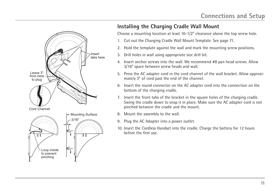 Connections and setup, Installing the charging cradle wall mount | RCA VISYS H5450 User Manual | Page 11 / 76