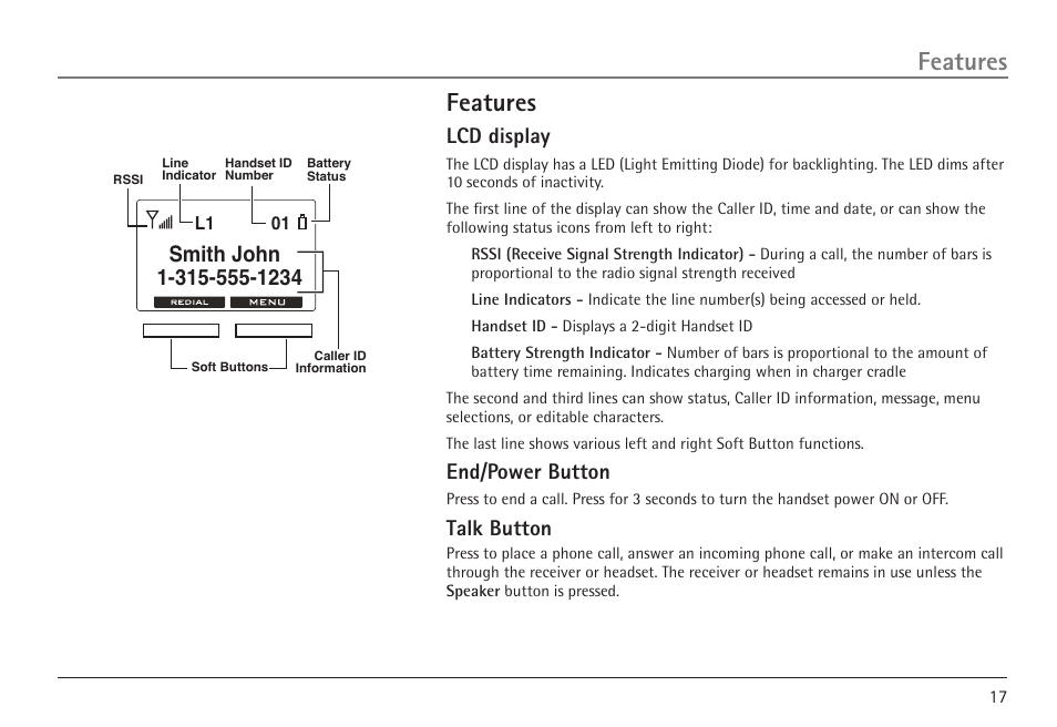 Features, Lcd display, End/power button | Talk button | RCA VISYS H5450 User Manual | Page 17 / 76