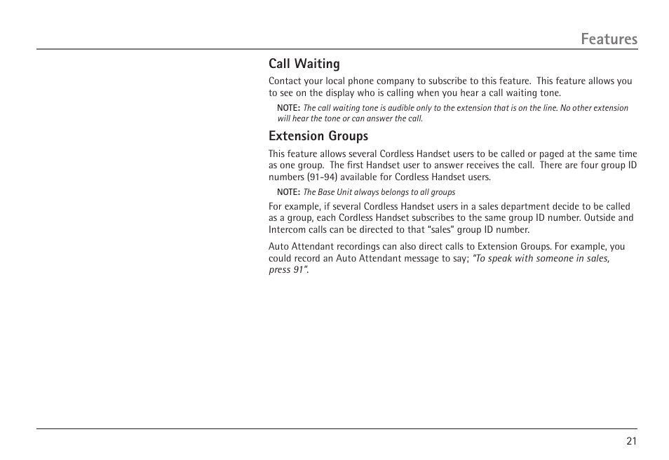 Features, Call waiting, Extension groups | RCA VISYS H5450 User Manual | Page 21 / 76