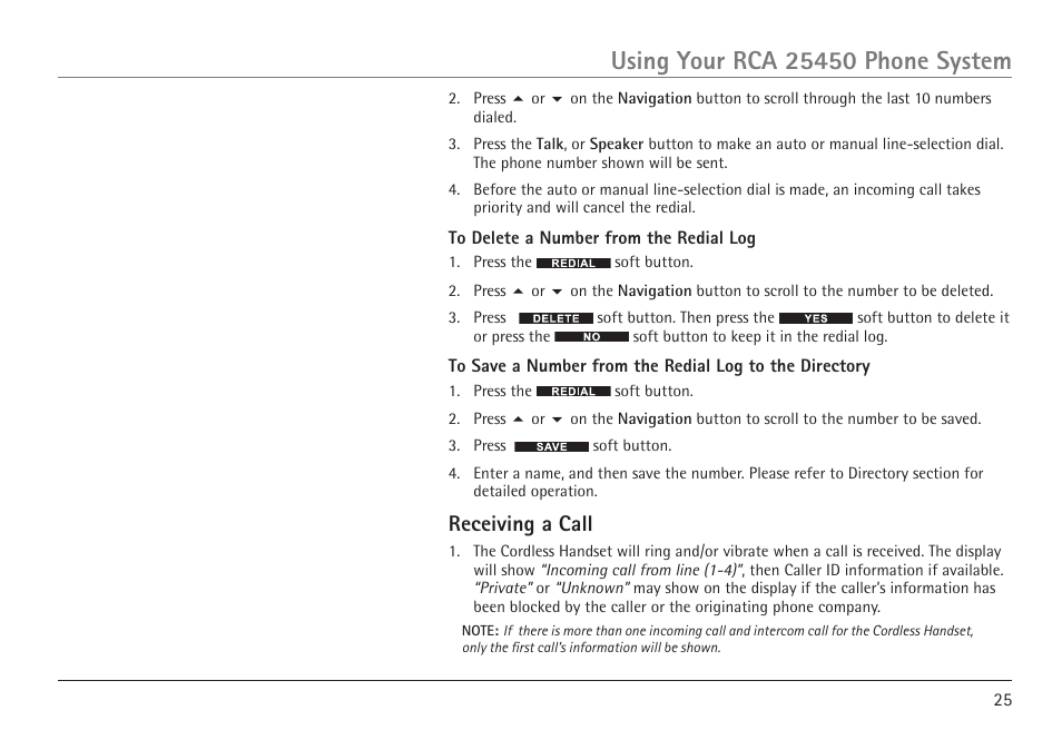 Receiving a call | RCA VISYS H5450 User Manual | Page 25 / 76