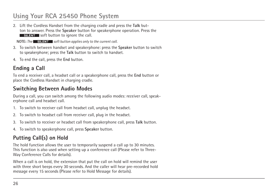 Ending a call, Switching between audio modes, Putting call(s) on hold | RCA VISYS H5450 User Manual | Page 26 / 76