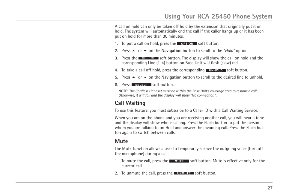 Call waiting, Mute | RCA VISYS H5450 User Manual | Page 27 / 76