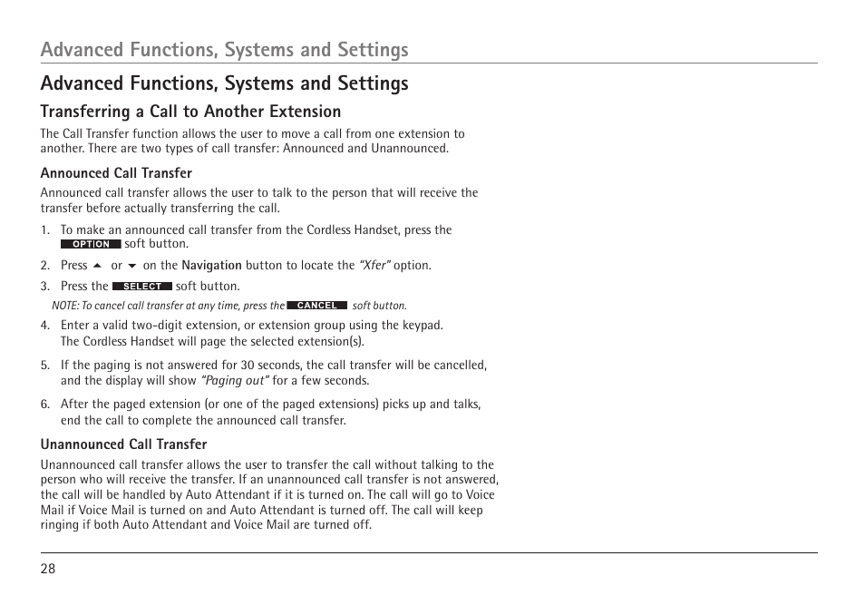 Advanced functions, systems and settings, Transferring a call to another extension | RCA VISYS H5450 User Manual | Page 28 / 76