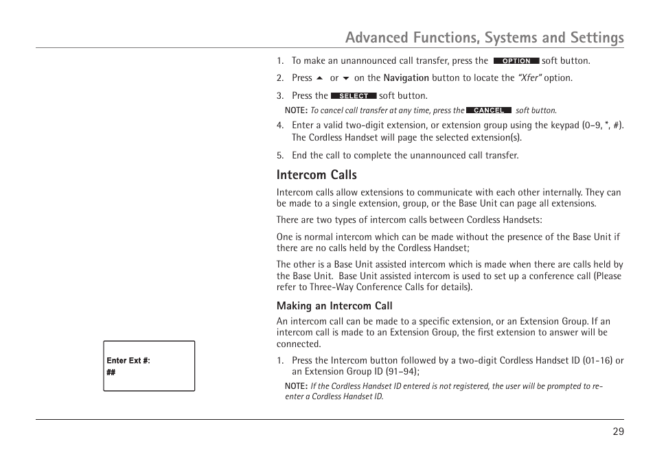 Advanced functions, systems and settings, Intercom calls | RCA VISYS H5450 User Manual | Page 29 / 76