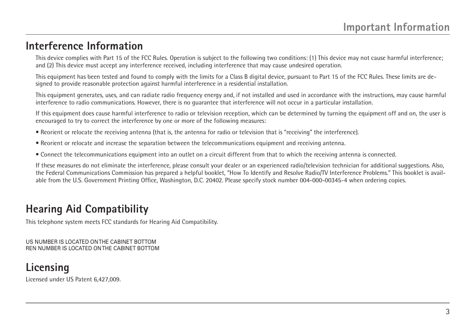 Interference information, Hearing aid compatibility, Licensing | Important information | RCA VISYS H5450 User Manual | Page 3 / 76