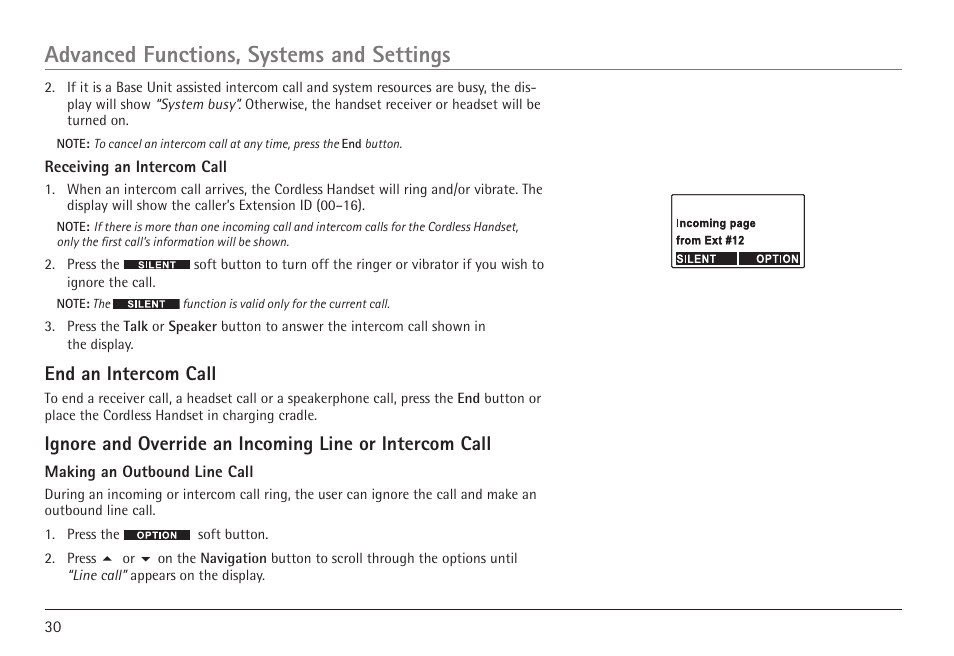 Advanced functions, systems and settings, End an intercom call | RCA VISYS H5450 User Manual | Page 30 / 76