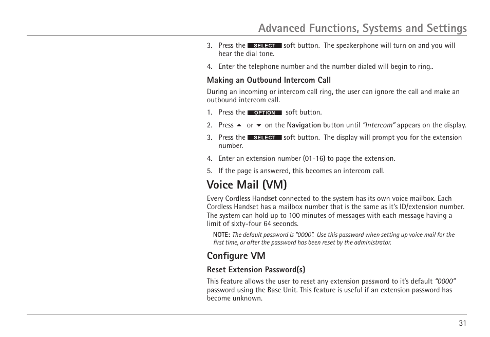 Voice mail (vm), Advanced functions, systems and settings, Configure vm | RCA VISYS H5450 User Manual | Page 31 / 76