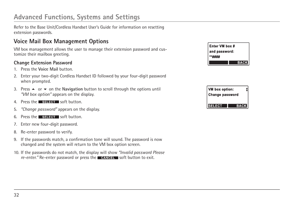 Advanced functions, systems and settings, Voice mail box management options | RCA VISYS H5450 User Manual | Page 32 / 76