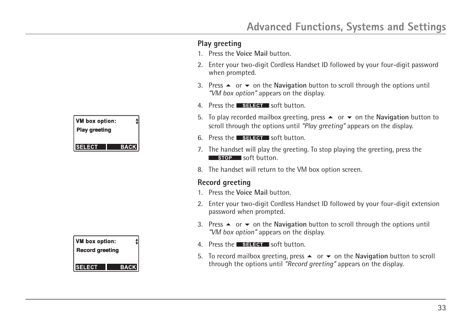 Advanced functions, systems and settings | RCA VISYS H5450 User Manual | Page 33 / 76