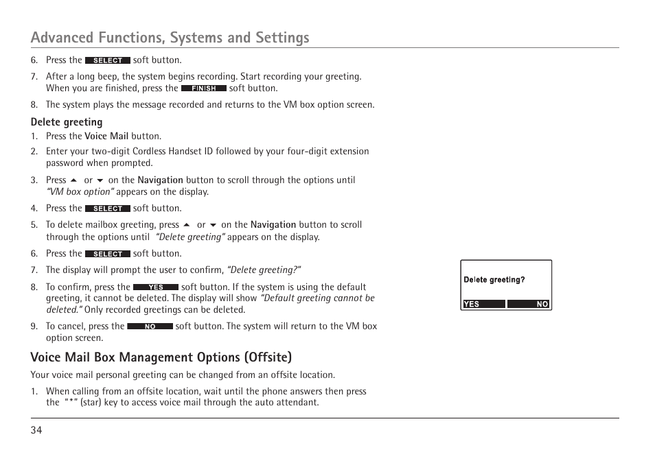 Advanced functions, systems and settings, Voice mail box management options (offsite) | RCA VISYS H5450 User Manual | Page 34 / 76