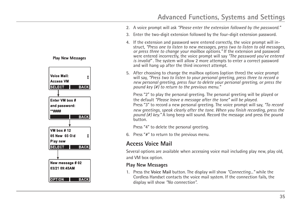 Advanced functions, systems and settings, Access voice mail | RCA VISYS H5450 User Manual | Page 35 / 76