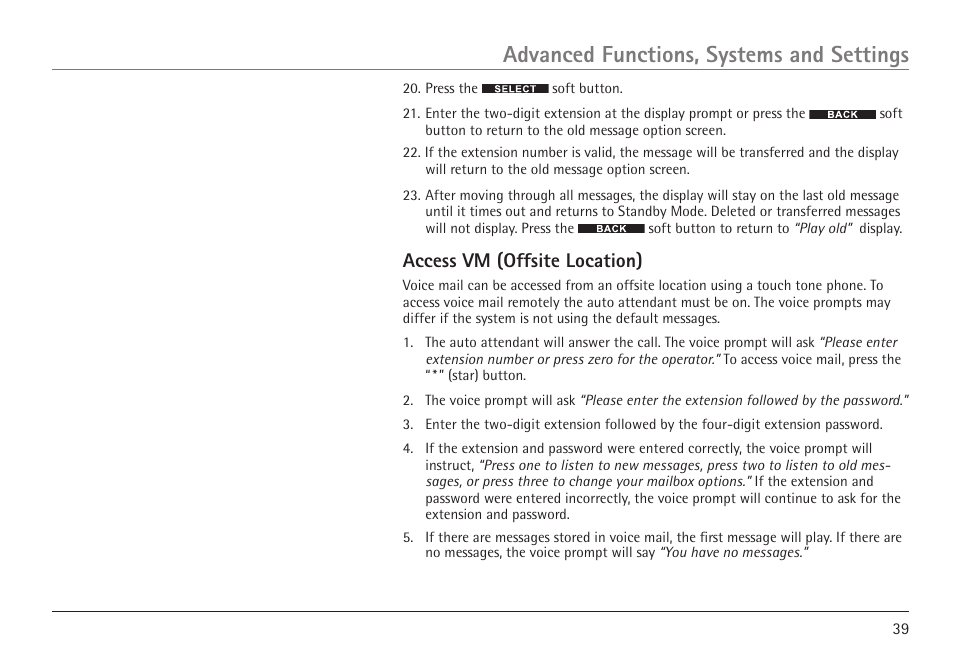 Advanced functions, systems and settings, Access vm (offsite location) | RCA VISYS H5450 User Manual | Page 39 / 76