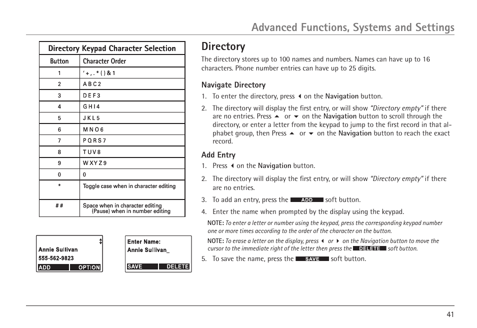 Directory, Advanced functions, systems and settings, Navigate directory | Add entry, Directory keypad character selection | RCA VISYS H5450 User Manual | Page 41 / 76