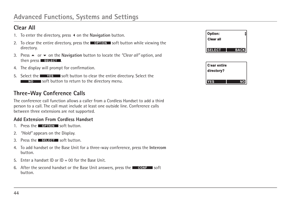 Advanced functions, systems and settings, Clear all, Three-way conference calls | RCA VISYS H5450 User Manual | Page 44 / 76