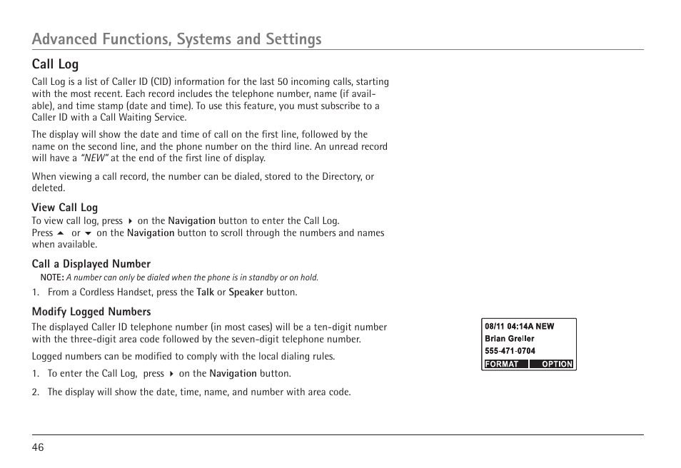 Advanced functions, systems and settings, Call log | RCA VISYS H5450 User Manual | Page 46 / 76