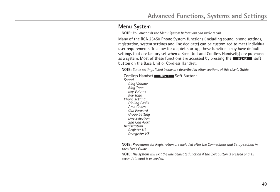 Advanced functions, systems and settings, Menu system | RCA VISYS H5450 User Manual | Page 49 / 76