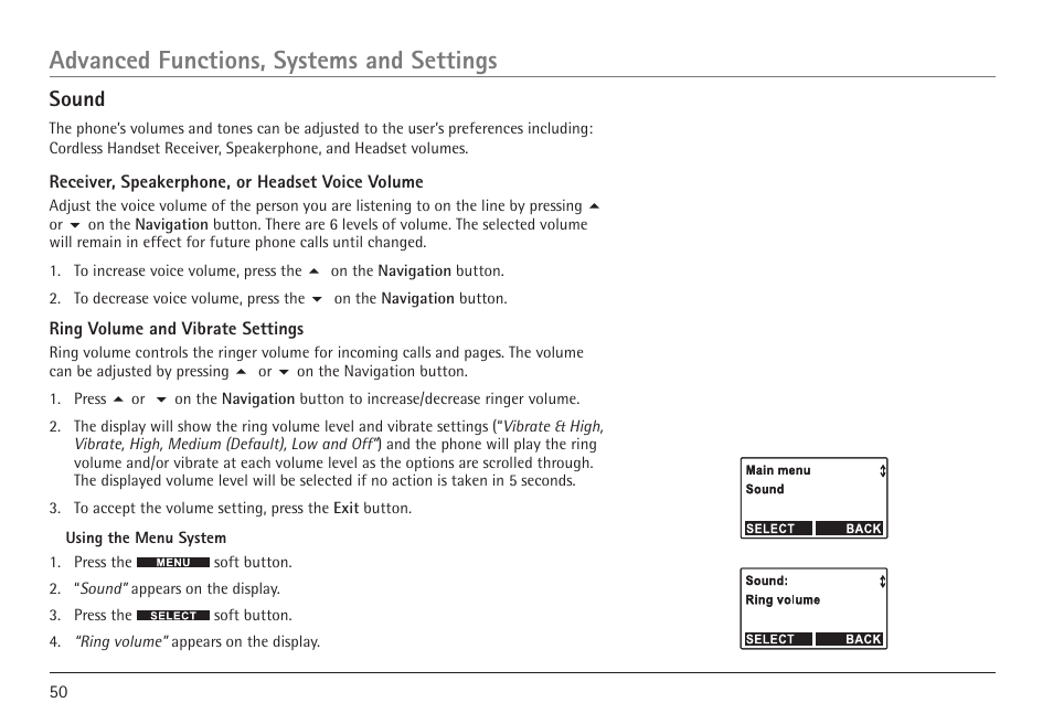 Advanced functions, systems and settings, Sound | RCA VISYS H5450 User Manual | Page 50 / 76