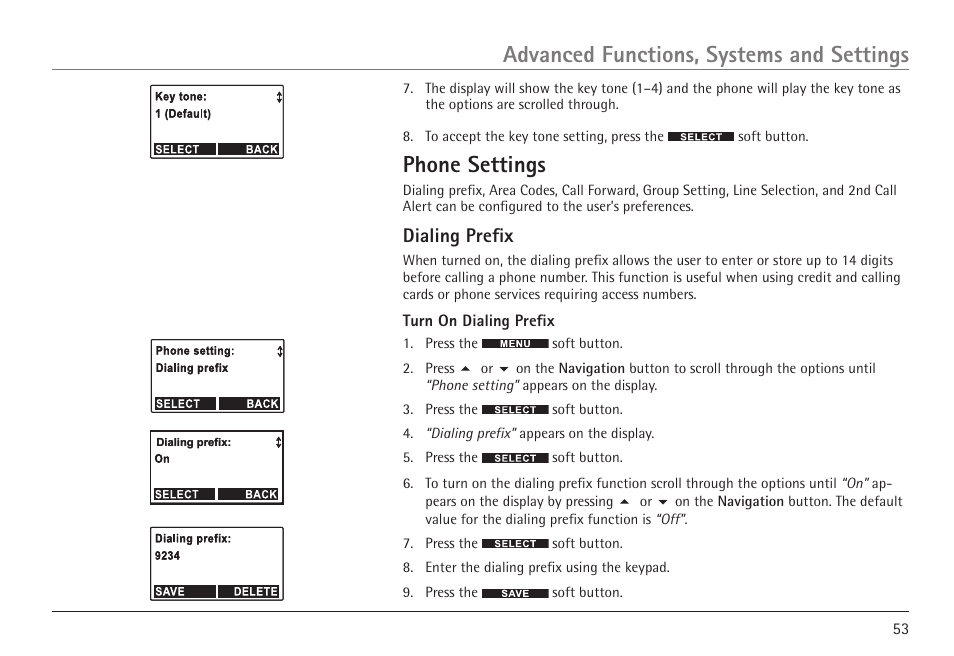 Phone settings, Advanced functions, systems and settings, Dialing prefix | RCA VISYS H5450 User Manual | Page 53 / 76