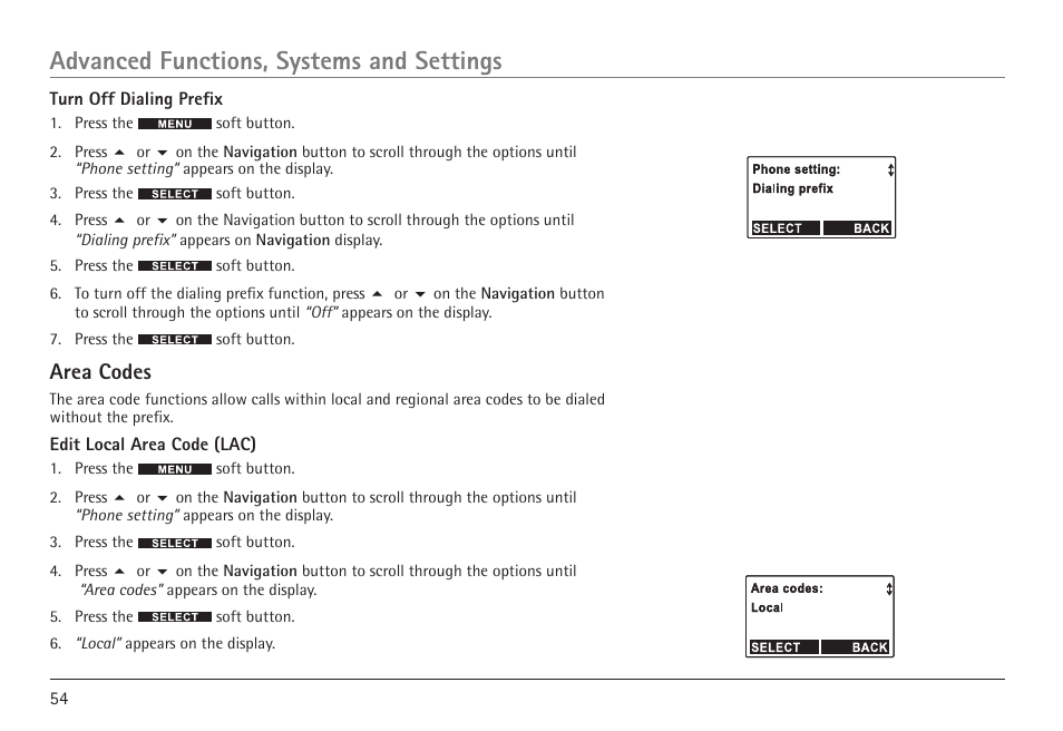 Advanced functions, systems and settings, Area codes | RCA VISYS H5450 User Manual | Page 54 / 76