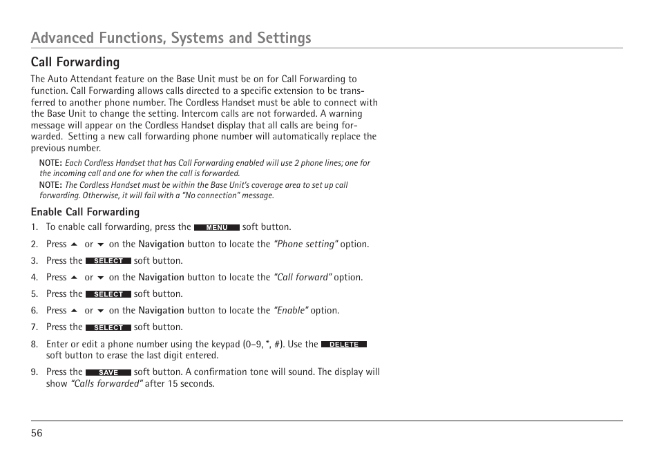 Advanced functions, systems and settings, Call forwarding | RCA VISYS H5450 User Manual | Page 56 / 76