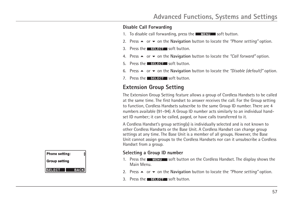 Advanced functions, systems and settings, Extension group setting | RCA VISYS H5450 User Manual | Page 57 / 76