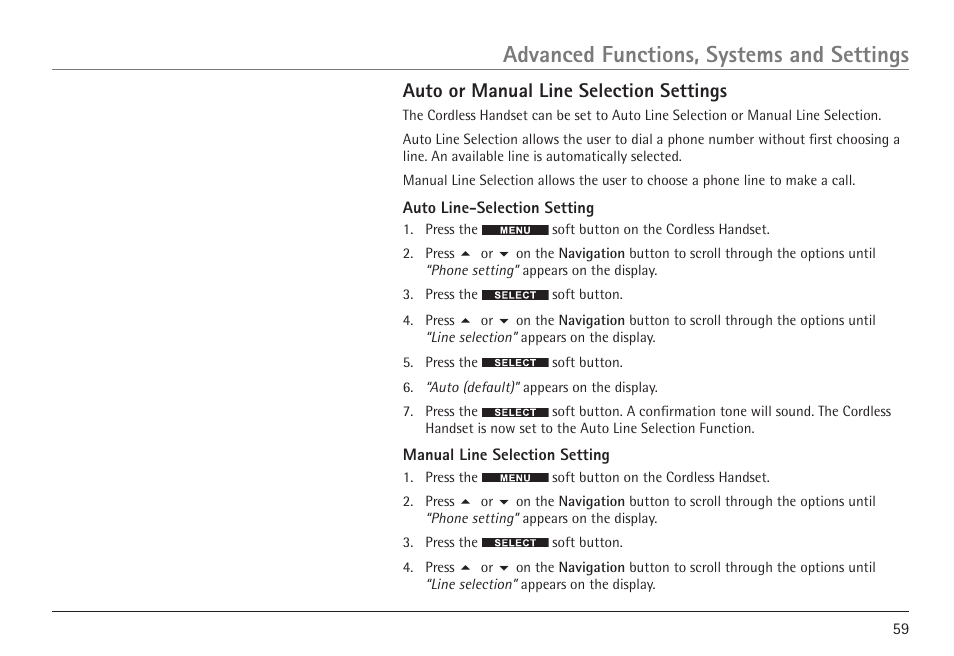 Advanced functions, systems and settings, Auto or manual line selection settings | RCA VISYS H5450 User Manual | Page 59 / 76