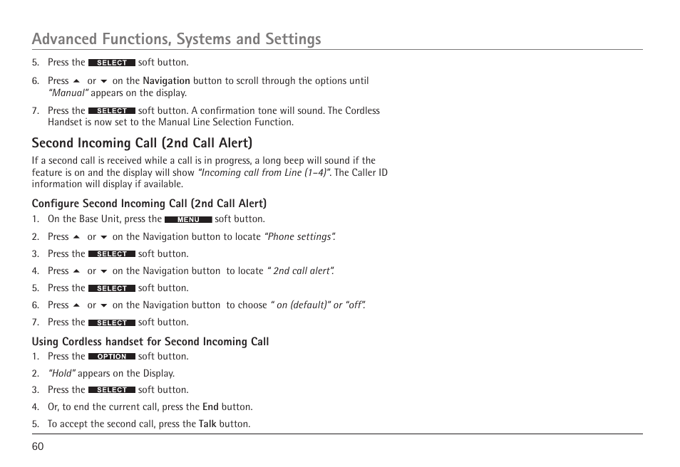 Advanced functions, systems and settings, Second incoming call (2nd call alert) | RCA VISYS H5450 User Manual | Page 60 / 76