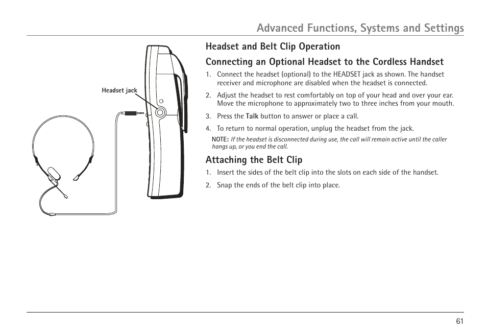 Advanced functions, systems and settings, Attaching the belt clip | RCA VISYS H5450 User Manual | Page 61 / 76