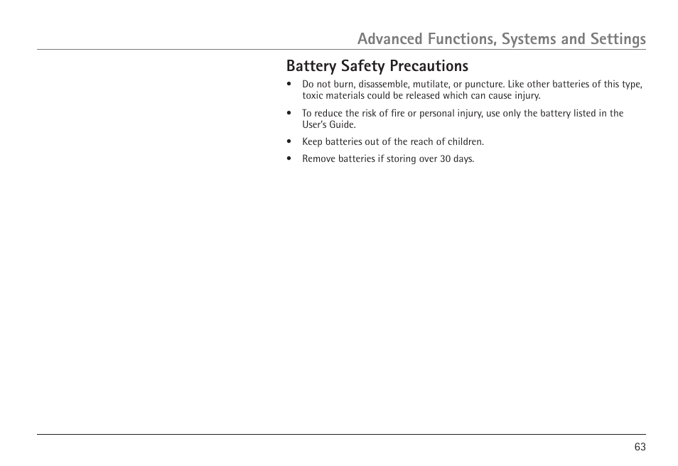 Battery safety precautions, Advanced functions, systems and settings | RCA VISYS H5450 User Manual | Page 63 / 76