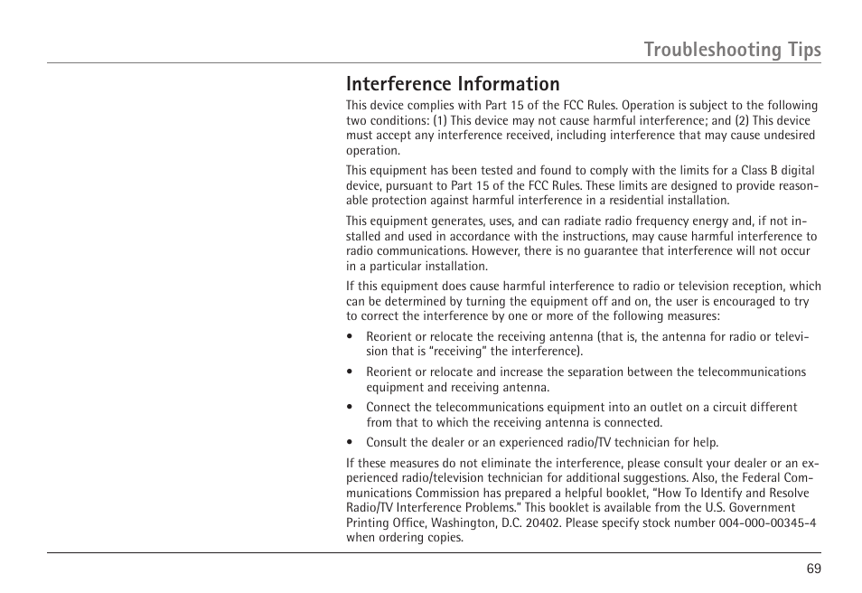 Troubleshooting tips interference information | RCA VISYS H5450 User Manual | Page 69 / 76