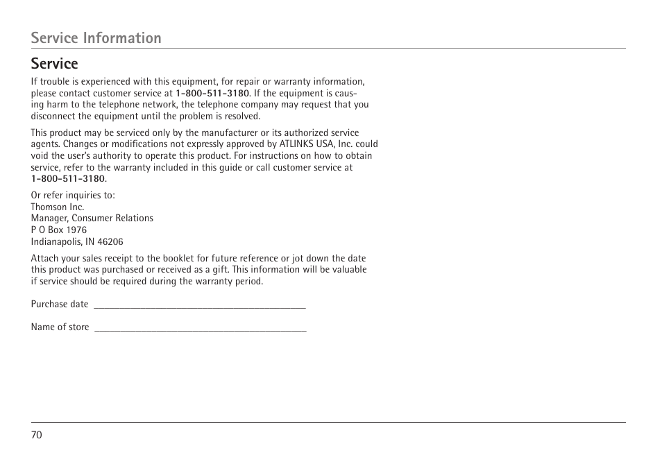 Service, Service information | RCA VISYS H5450 User Manual | Page 70 / 76