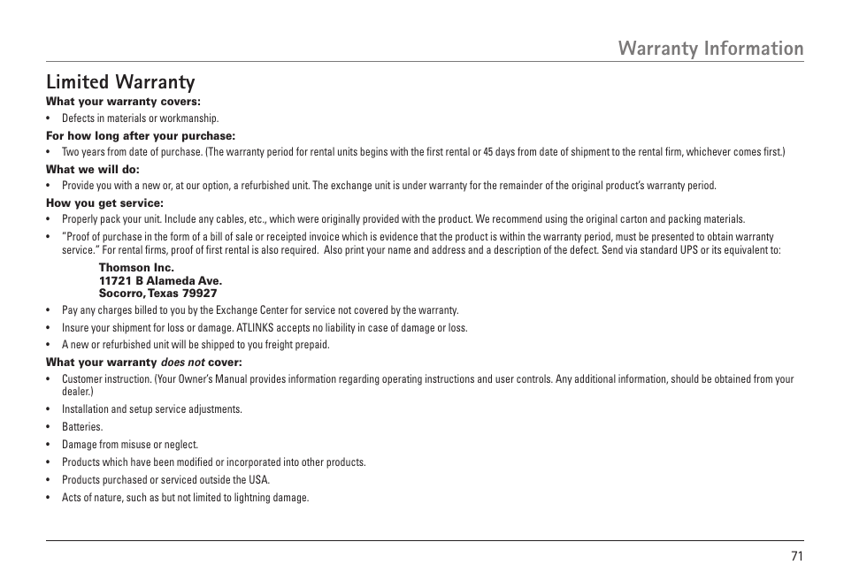 Limited warranty, Warranty information | RCA VISYS H5450 User Manual | Page 71 / 76