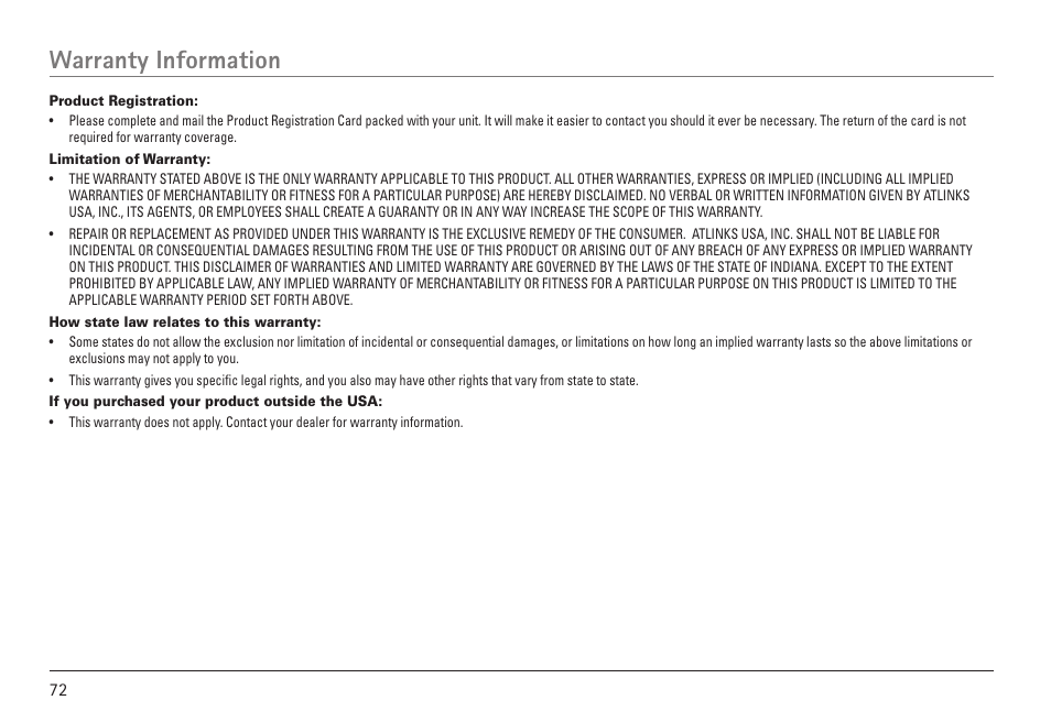 Warranty information | RCA VISYS H5450 User Manual | Page 72 / 76