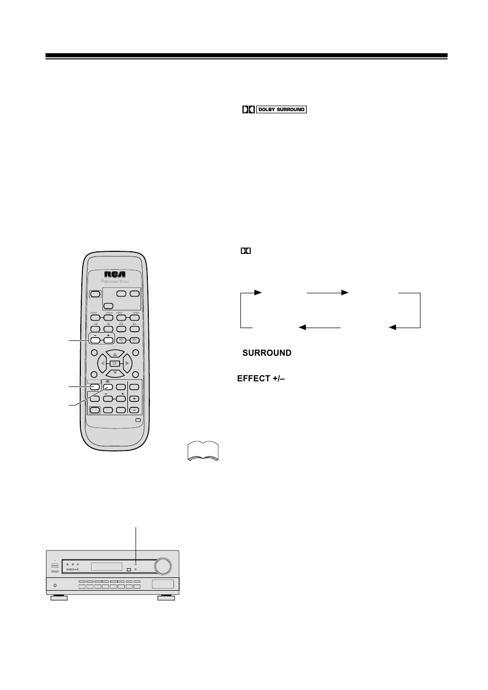 Listening in surround sound, Surround, Effect | Dolby pro logic, Pro logic with theater 1, Surr off, Pro logic with theater 2 | RCA STAV3860 User Manual | Page 20 / 32