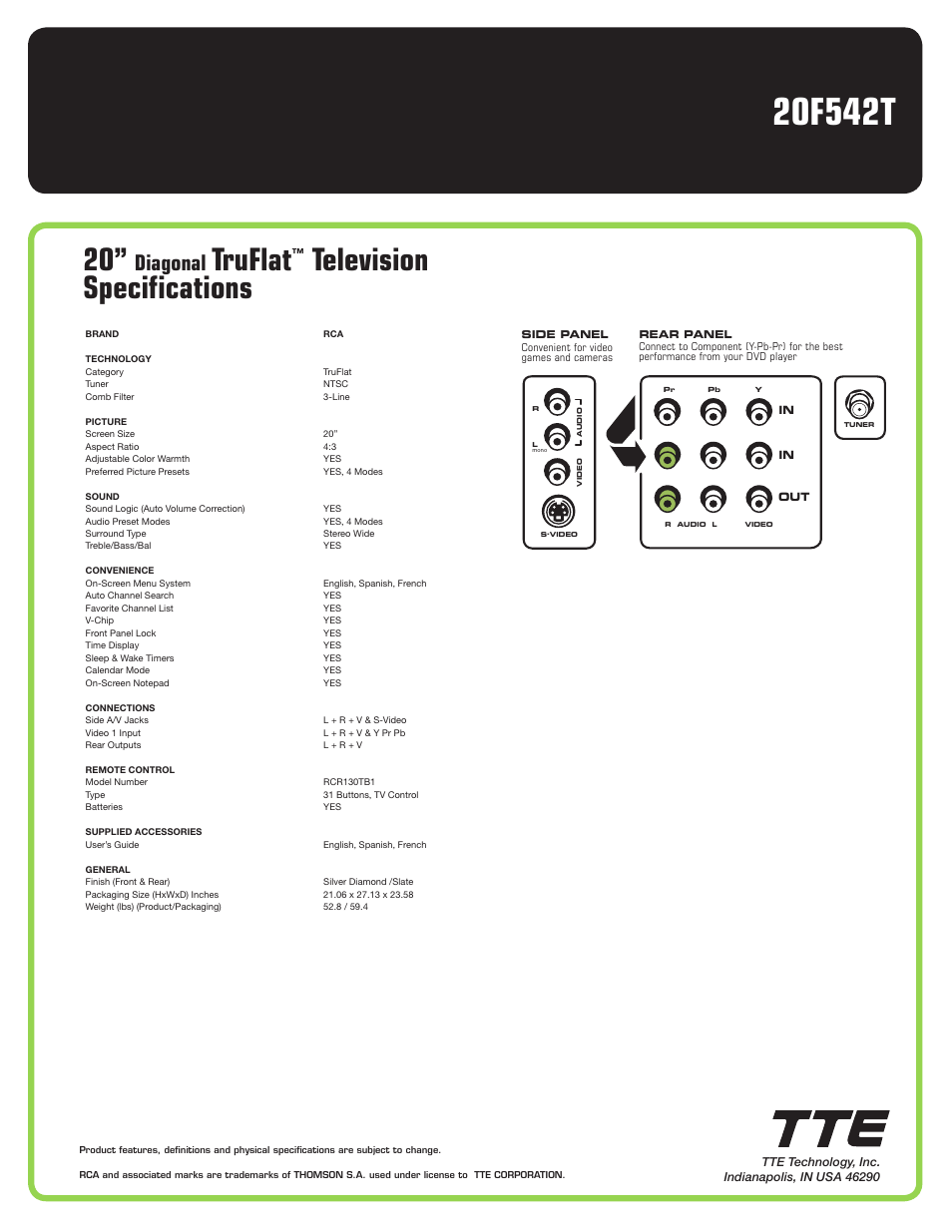 Truflat, Television specifications, Diagonal | RCA 20F542T User Manual | Page 2 / 2
