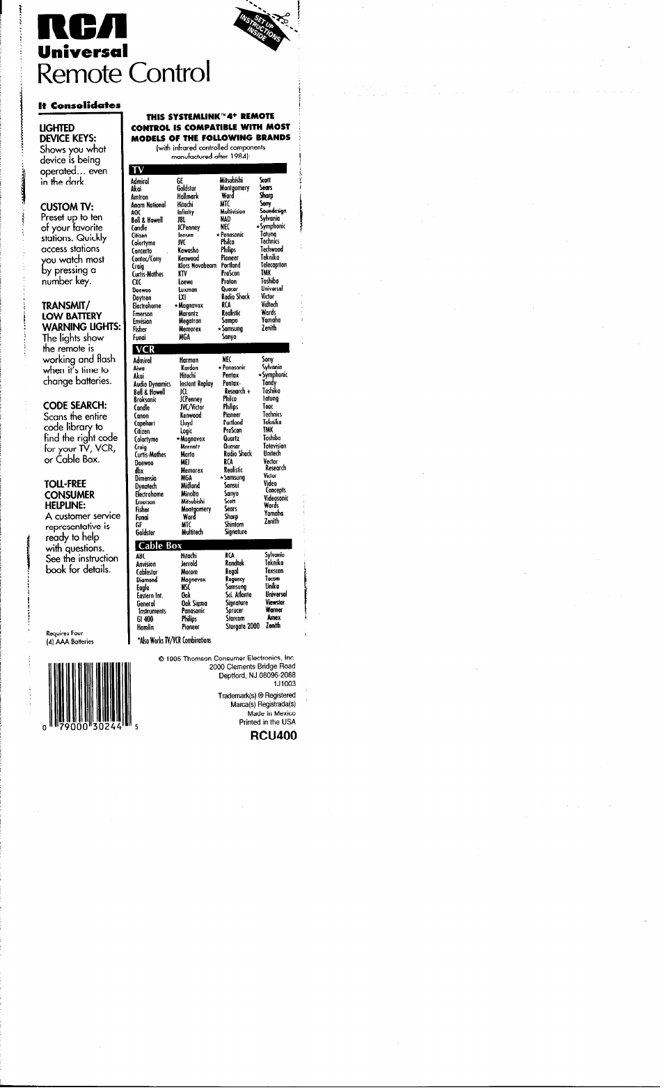 RCA RCU400R3 User Manual | 16 pages