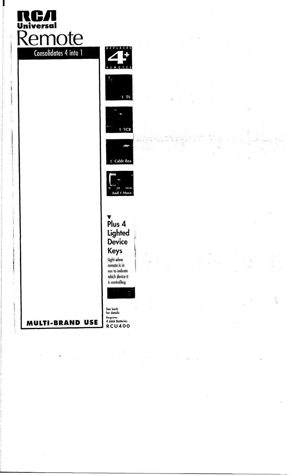 Remote, Rgil, Universal | Consolidates 4 into 1, Multi-brand use | RCA RCU400R3 User Manual | Page 16 / 16