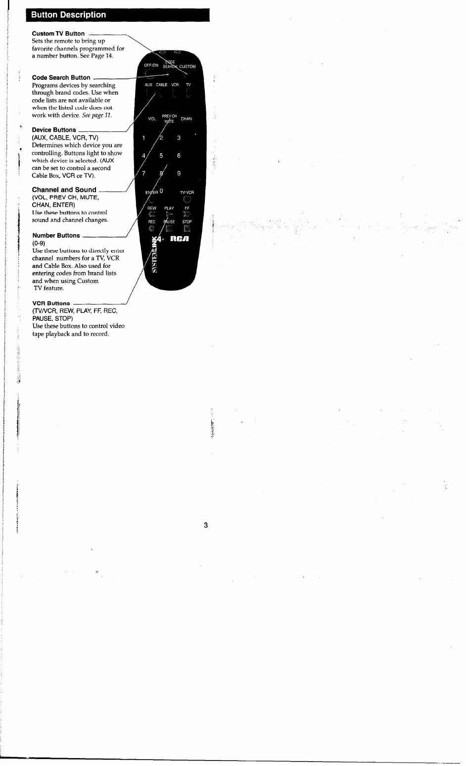 Button description, Channel and sound, T noil | RCA RCU400R3 User Manual | Page 3 / 16