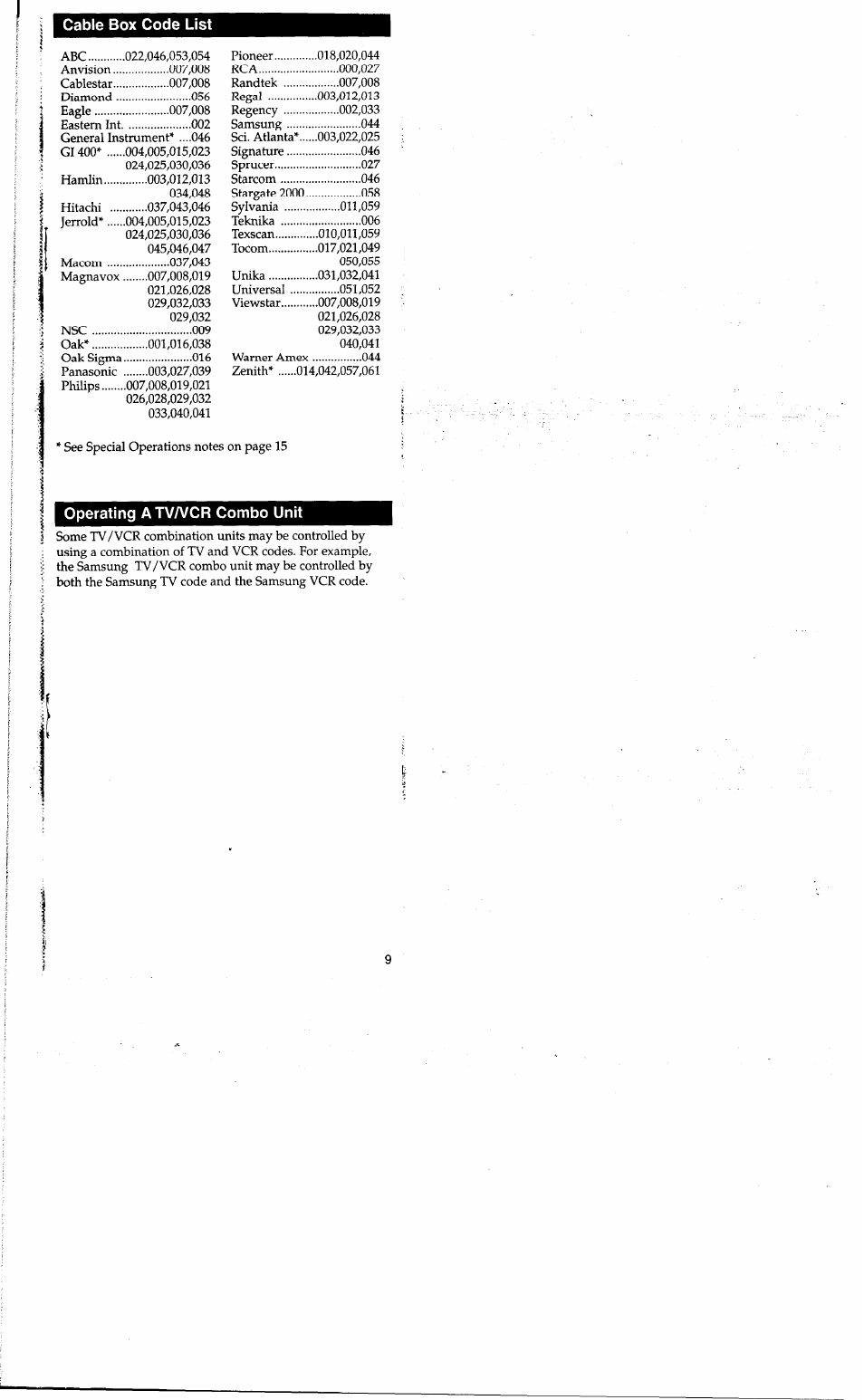 Operating atva/cr combo unit, Cable box code list | RCA RCU400R3 User Manual | Page 9 / 16