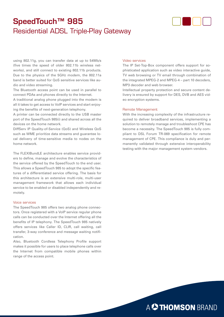 Speedtouch™ 985, Residential adsl triple-play gateway | RCA SpeedTouch 985 User Manual | Page 2 / 4