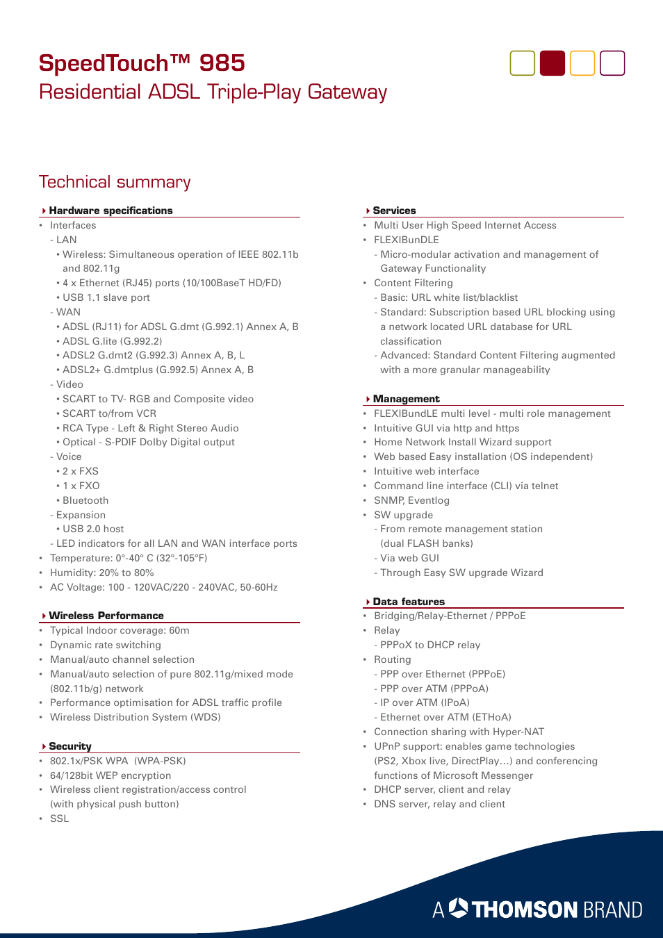 Speedtouch™ 985, Residential adsl triple-play gateway, Technical summary | RCA SpeedTouch 985 User Manual | Page 3 / 4